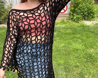 Crochet Black Jasmine Stitch Mesh Dress, Handmade Boho Cover-Up (M-XL)