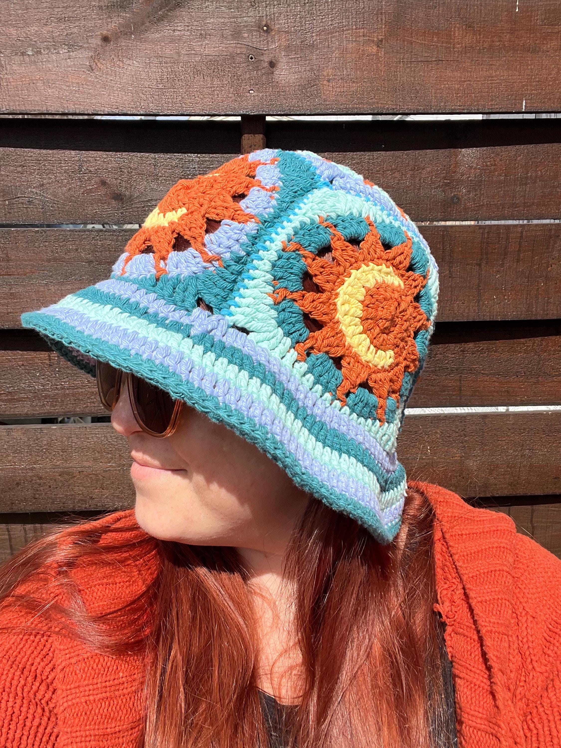 Bohemian Crochet Bucket Hat: Blue Moon & Sun Celestial 