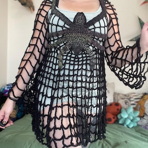 Gehäkeltes Langarm Spinnennetz Netz Top, Witchy Gothic Spinnen Pullover, Schwarz Alternative Netz Top