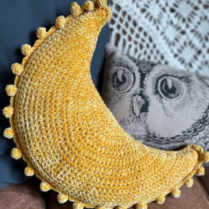 Handcrafted Crochet Velvet Moon Pillow - Plush Boho Accent for Bedroom or Living Room, Great Gift for Celestial Lovers- 2 sizes, 16 colors