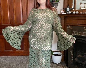 Boho Crochet Maxi Dress: Green Bell Sleeve Lace, Witchy Cottagecore