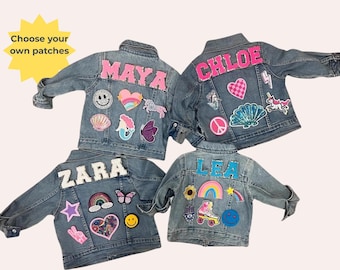 Toddler Girls Personalized Chenille Denim Jacket, Custom Name Baby Jean Patch Jacket
