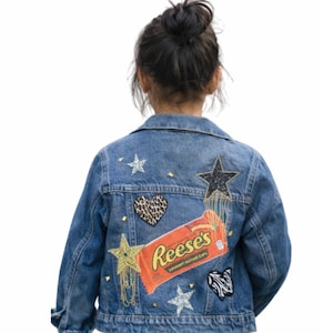 Custom Girls Jean Jacket, Personalized Candy Denim Kids Jacket, Toddler Patch Jacket Reeses Clothing