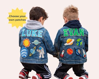 Personalized Boys Chenille Patch Denim Jacket, Toddler Space Dinosaur Automobile Jean Jacket for Baby