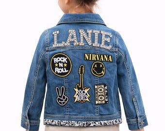 Personalized Girls Denim Jacket | Rhinestone Name, Rock Patches