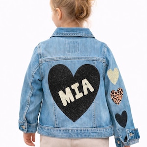 Girls Personalized Denim Jacket | Leopard Glitter Heart, Toddler Gift