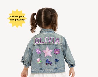 Girls Custom Varsity Letter Patch Jean Jacket | Name Denim Jacket for Baby Toddler Kids