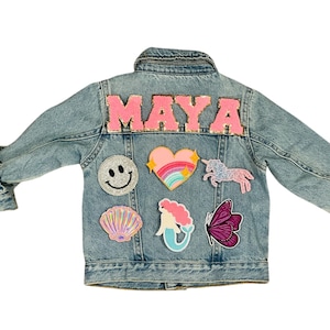 Chenille Letter Personalized Girls Patch Jean Jacket, Custom Baby Girls Denim Jacket, Toddler Chenille Patch Jacket, Birthday gift for kids