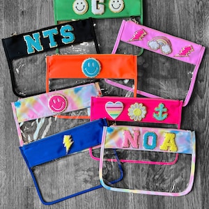 Clear Nylon Pouch with Patches | Stadium Bag | Cosmetic Bag | Tie Dye Pouch | PVC Pouch | Personalized Pouches | Personalized Gifts