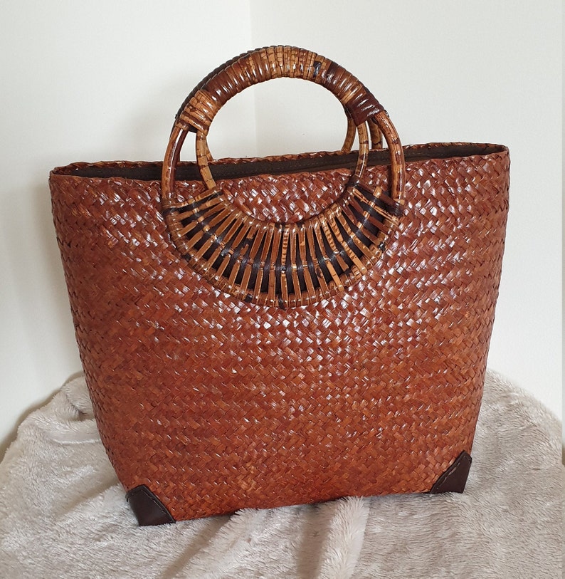 Ladies Handbag Woven Bulrush Bamboo Handles Zip Lined | Etsy