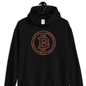 May include: Black hoodie with an orange Bitcoin logo on the front. The logo is a stylized Bitcoin symbol with circuit board lines.