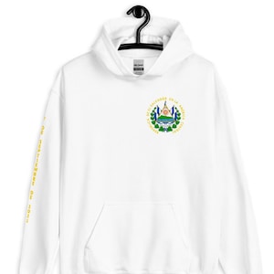 Sudadera con capucha conmemorativa de curso legal blanca de El Salvador Con capucha ⎜ Diseño de pecho y espalda con impresión de manga derecha
