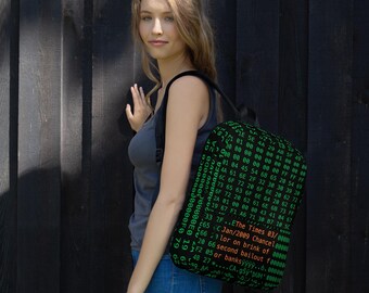 Black Genesis Block Bitcoin Backpack With Green and Orange Letters
