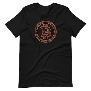 May include: Black t-shirt with an orange Bitcoin symbol. The symbol is a stylized letter B with circuit board lines.