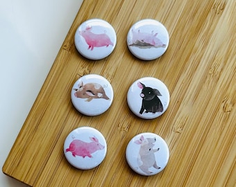 May include: Six round button pins with different illustrations of pigs. The pins are white with black outlines and feature pink, brown, and black pigs in various poses.