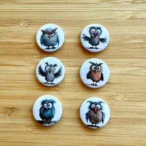 Peut inclure: Six boutons ronds blancs avec des hiboux de dessin animé colorés aux expressions différentes. Les hiboux sont tous tournés vers l'avant et ont de grands yeux.