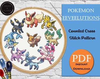 Pokémon Eeveelutions Cross Stitch Pattern - Pokémon - 10" x 10" Hoop Sized Cross Stitch Pattern