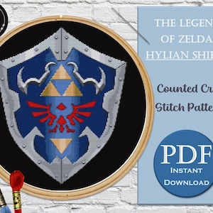 Hylian Sheild Cross Stitch Pattern - The Legend of Zelda - 10&quot; x 10&quot; Hoop Sized Cross Stitch Pattern