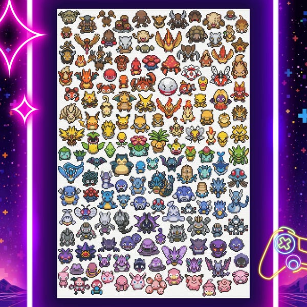 Wzór krzyżykowy z tęczą inspirowany Pokémonami Generacji 1