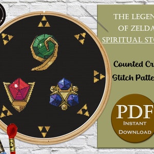 The Legend of Zelda Spiritual Stones Cross Stitch Pattern - Ocarina of Time - 10&quot; x 10&quot; Hoop Sized Cross Stitch Pattern
