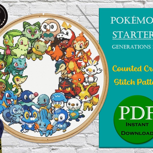 Pokémon Starters Cross Stitch Pattern - Pokémon - 10" x 10" Hoop Sized Cross Stitch Pattern