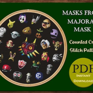 Masks from Majora&#39;s Mask Cross Stitch Pattern - The Legend of Zelda - 12&quot; x 12&quot; Hoop Sized Cross Stitch Pattern
