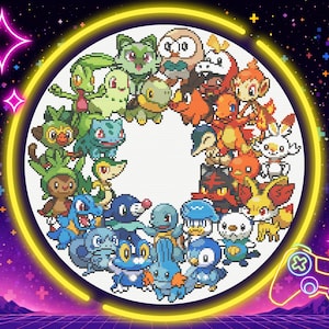 Generation 1-9 Starters Cross Stitch PDF Pattern