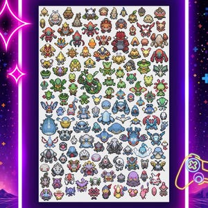 May include: A poster showcasing a collection of pixelated creatures in various colours, set against a white background. The creatures are arranged in a grid pattern. The border has a purple neon glow with stars and a game controller.