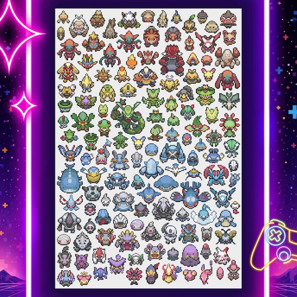 Patrón de punto de cruz arcoíris inspirado en Pokémon de la 3.ª generación