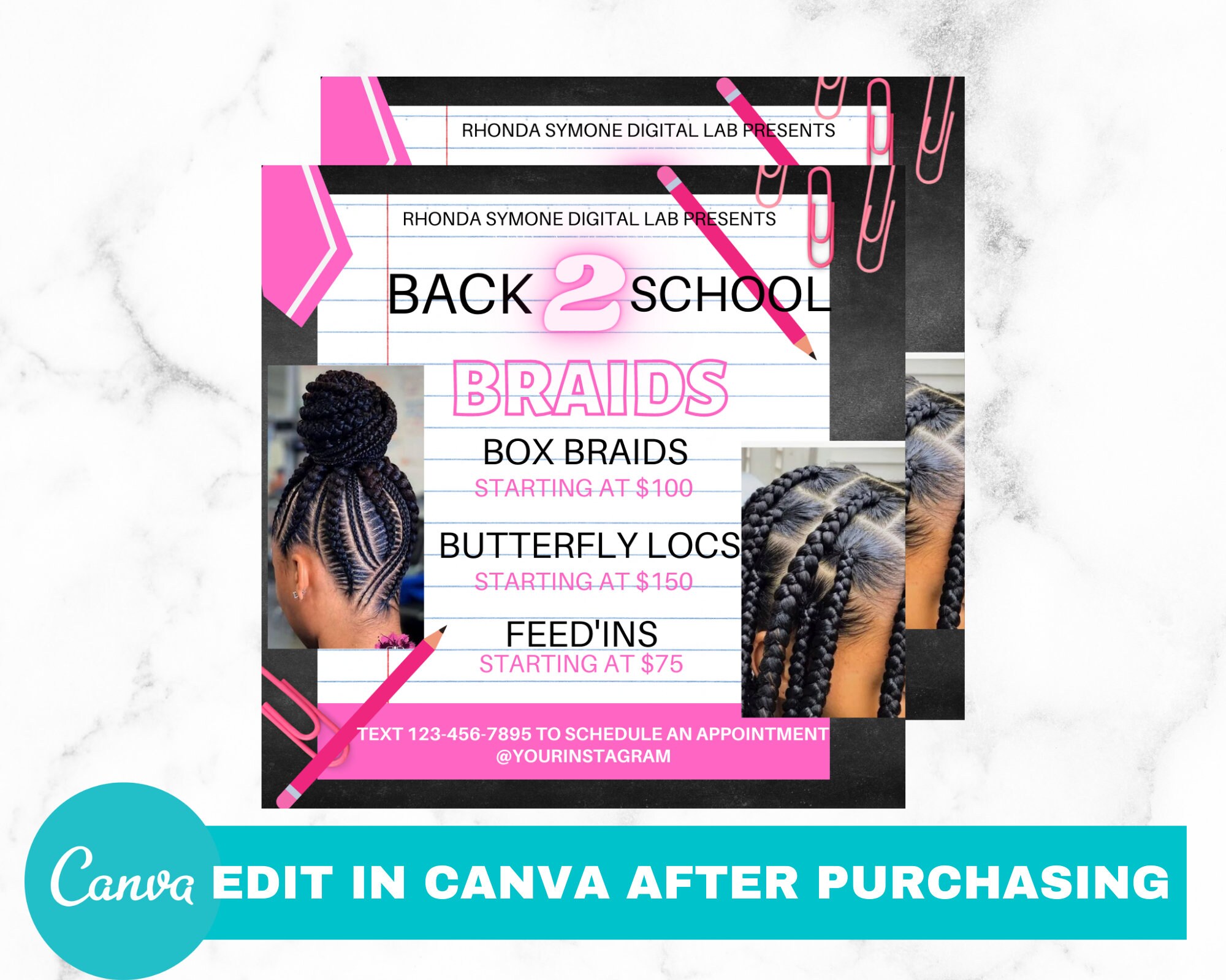 Back to school flyer, diy, braids, canva, template