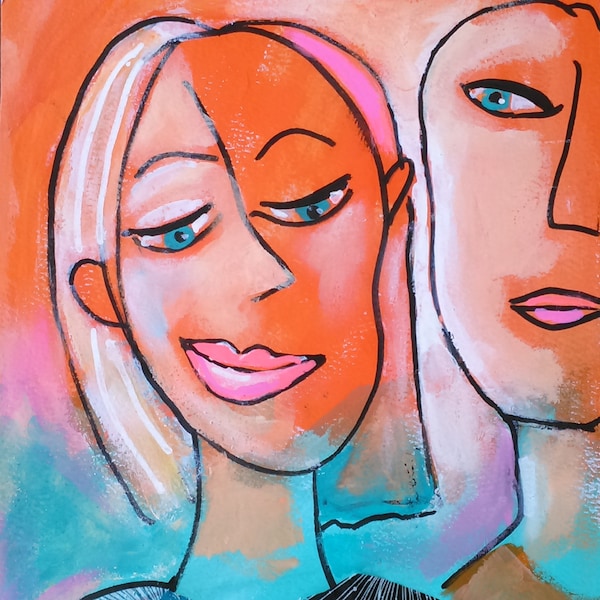 orangene Frau- Collage auf Papier Acrylfarben-moderne Kunst