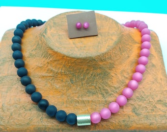 zweifarbige Halskette, edle Halskette, Halskette mit  formschönen hochwertigen Magnetverschluss,pinkfarbene Kette mit Ohrringen