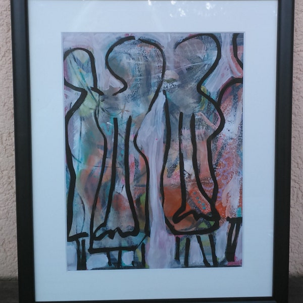 Figuren im Nebel moderne Malerei, moderne Kunst, Acrylfarben, Unikat, Original, Malpappe, abstrakte Malerei,  26cmx22cm