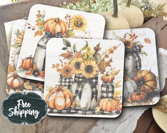 Rustic Fall Coasters: Sunflower Pumpkin Buffalo Check Decor (Set of 4)