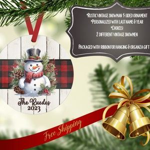 Vintage snowman ornament Personalized Rustic Ornament, Christmas Ornament, 1-sided Ornament