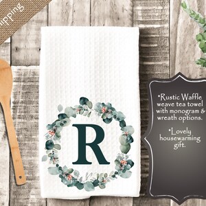 Personalized Tea Towel, Personalized Dish Towel, Monogram towel, Eucalyptus Kitchen Decor, Hostess Gift, Housewarming gift