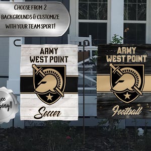 May include: Two rectangular garden flags featuring the Army West Point logo with a helmet and sword emblem. One flag has a white wood-grain background with the word Soccer, and the other has a black wood-grain background with the word Football.