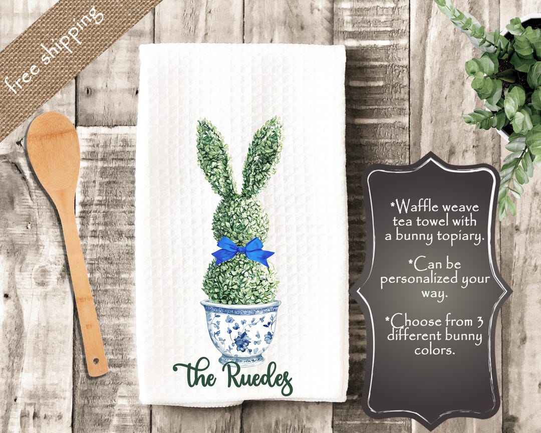 Personalized Easter Tea Towel: Bunny Topiary Kitchen Decor - Etsy UK
