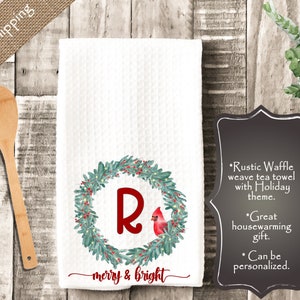 Holiday Tea Towel Christmas tea towels Personalized Dish Towel Kitchen Decor Hostess Gift cardinal decor