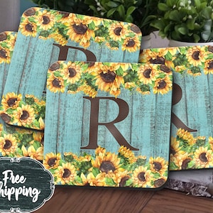 Custom drink coasters housewarming gift Hostess gift monogram coaster set sunflower coasters