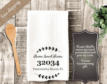 Personalized Zip Code Tea Towel: Waffle Weave Kitchen Decor