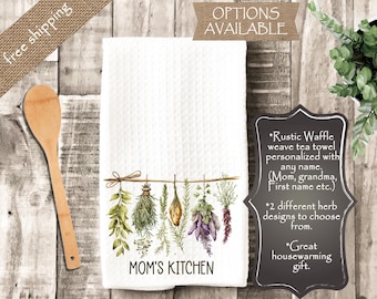 Personalized Waffle Weave Tea Towel, Rustic herb Kitchen Decor