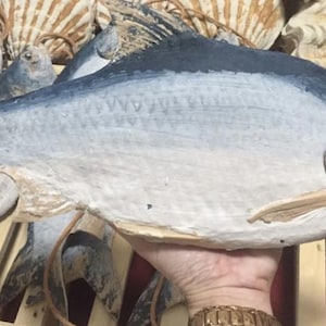Könnte beinhalten: Nahaufnahme einer Hand, die einen großen, grauen und weißen Fisch mit dunkelblauem Rücken hält. Der Fisch ist aus Papiermaché gefertigt und hat eine realistische Textur. Der Fisch hängt an einer Schnur.