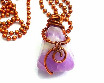 Amethyst Stone Necklace, copper wire wrapped pendant, tumbled chevron amethyst jewelry, handcrafted Ooak pendant, Rocky Road Jewelry