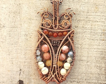 Owl Pendant Necklace, copper wire wrap,  artisan stone jewelry, unique anniversary gift for women, artisan handcraft, Ooak birthday present