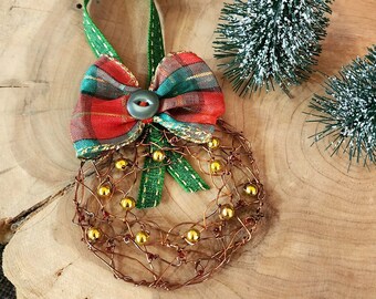 Wreath Christmas Ornament, plaid bow & gold beads, copper wire wrap, rustic farmhouse decoration, winter cottage decor, artisan handmade