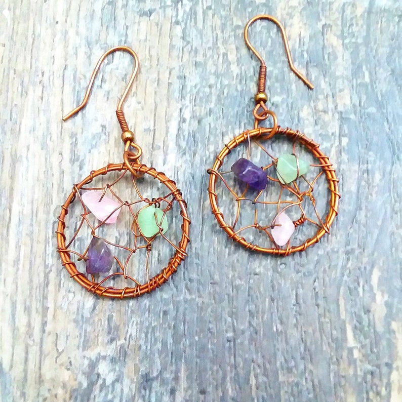 amethyst purple chip stones rose quartz chip stones green aventurine chip stones Copper Dream Catcher Earrings Rocky Road Jewelry