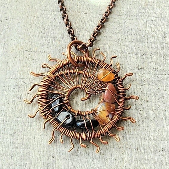Sun Crystal Necklace Copper Wire Wrapped Black Tourmaline