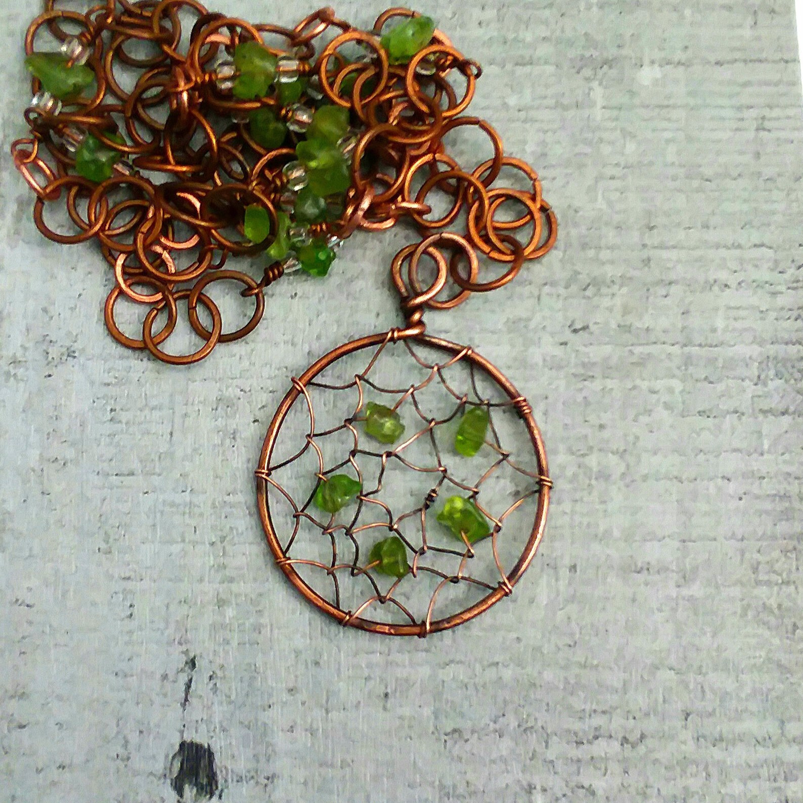 Copper Wire Wrapped Dream Catcher Long Necklace Peridot Chip Etsy
