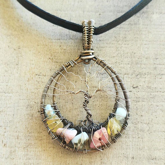Sterling Silver Tree Pendant, Unique Wire Wrap Gemstones, Multi